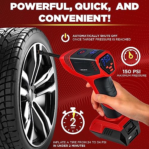 BULLSEYE PRO Tire Inflator with Pressure Gauge, Compact and Portable, Automatic Shut Off, 150 PSI Max, USB Home Rechargeable and Cord for Vehicular Use As Seen On TV (9475) - color: Red