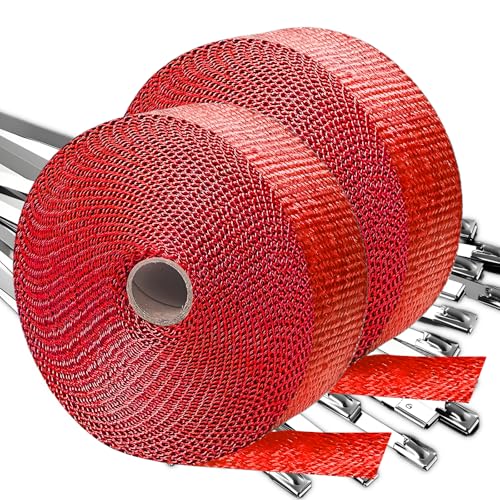 Titanium Exhaust Wrap | 2'' x 200" Exhaust Heat Wrap | Header Wrap | Heat Shield Tape 2 Rolls with 20 PCS 11.8 Inch Stainless Steel Ties for Motorcycle Car Truck (Red, 2 Rolls) - color: Red