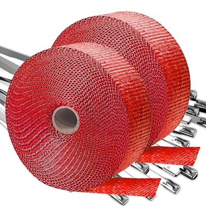 Titanium Exhaust Wrap | 2'' x 200" Exhaust Heat Wrap | Header Wrap | Heat Shield Tape 2 Rolls with 20 PCS 11.8 Inch Stainless Steel Ties for Motorcycle Car Truck (Red, 2 Rolls) - color: Red