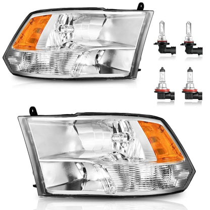 Headlights for 2009-2018 Dodge Ram 1500 Quad-Hole Single Headlight - color: A/Chrome Housing Amber Reflector Clear Lens
