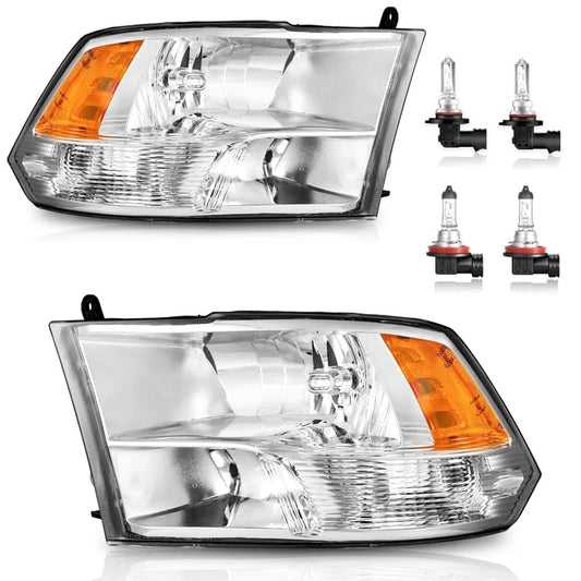 Headlights for 2009-2018 Dodge Ram 1500 Quad-Hole Single Headlight - color: A/Chrome Housing Amber Reflector Clear Lens