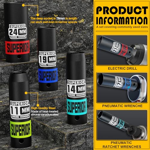 14 Piece 1/2" Drive Impact Socket Set, 8 mm - 24 mm Deep Socket, Metric Socket Set With Adapter & Quick-Release Holder, 6 Point, CR-V, Automotive Maintenance, Machinery Manufacturing - size: 1/2" Deep Metric