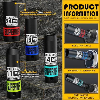 14 Piece 1/2" Drive Impact Socket Set, 8 mm - 24 mm Deep Socket, Metric Socket Set With Adapter & Quick-Release Holder, 6 Point, CR-V, Automotive Maintenance, Machinery Manufacturing - size: 1/2" Deep Metric
