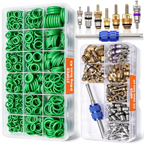 Taiss Car A/C Repair Kit 270PCS O-Ring Seals Kit + 40PCS A/C Valve Core Assortment with Remover Tool,R12 R134a Refrigeration Tire Valve Stem Cores,Car Air Conditioning Compressor Seals O-Ring - color: 310PCS