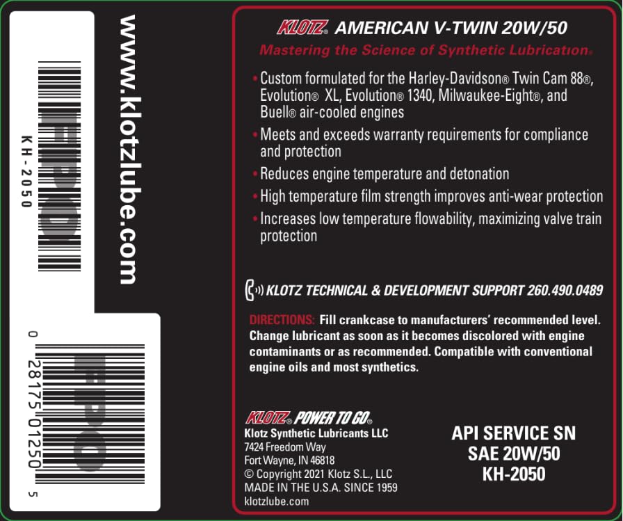 Klotz 5 Quart 20W/50 Synthetic Motor Oil Change Kit for 1986-2022 Evolution Sportster – Basic Kit - size: 5 Quart Basic - Evolution Sportster