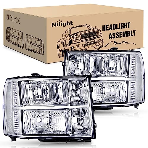 Nilight Headlight Assembly Compatible for 2007 2008-2013 GMC Sierra 1500 2008-2014 GMC Sierra 2500 HD 3500 HD Chrome Housing Clear Corner Clear Lens, Headlights Assembly Replacement - color: Chrome Housing + Clear Reflector