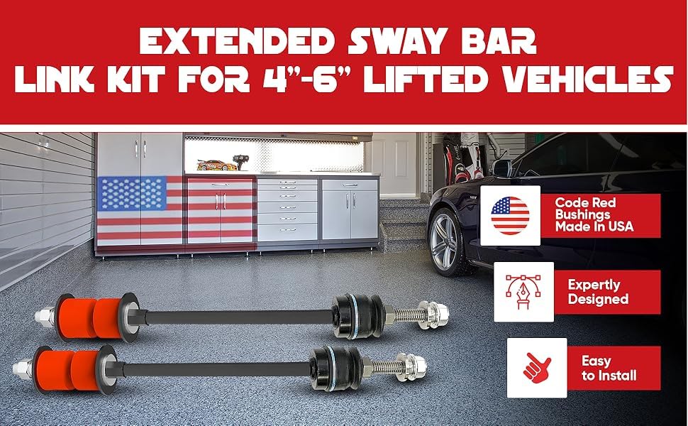 PAIR Front Sway Bar 6" Lift Extended Link Kit 4WD FITS Select Models Avalanche, Silverado, Tahoe, Sierra, Ram 1500, F-150, Hummer 2001-2018, Bushings Designed And Manufactured USA - size: 4"-6" Lift