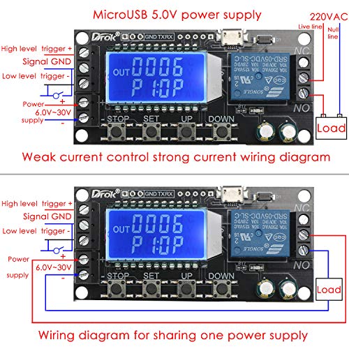 DROK Time Delay Relay, DC 5V/12V/24V Timer Relay Delay-Off Cycle 0.01s-9999mins Adjustable Trigger with LCD Display Support Micro USB 5V Input - color: Black, size: 1pcs