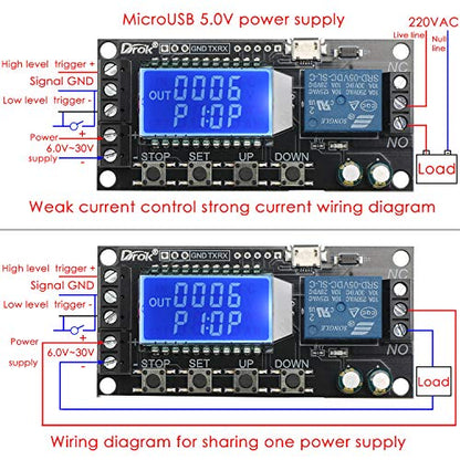DROK Time Delay Relay, DC 5V/12V/24V Timer Relay Delay-Off Cycle 0.01s-9999mins Adjustable Trigger with LCD Display Support Micro USB 5V Input - color: Black, size: 1pcs
