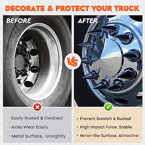 Youxmoto Chrome ABS Complete Axle Cover Set, 2 Front and 4 Rear with Hub Caps and 33mm Screw-On Spiked Lug Nut Covers for Semi Trucks - color: Spiked Cover: 2 Front+4 Rear