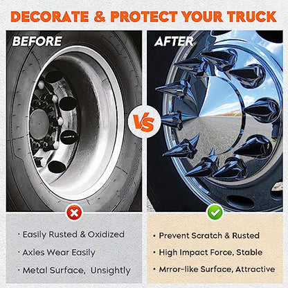 Youxmoto Chrome ABS Complete Axle Cover Set, 2 Front and 4 Rear with Hub Caps and 33mm Screw-On Spiked Lug Nut Covers for Semi Trucks - color: Spiked Cover: 2 Front+4 Rear