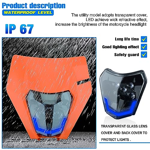 Headlight Head Lamp Light Fairing Mask Day Running Light For ATV Scooters Dirt Pit Bike Enduro (Orange+Blue DRL) - color: Orange Blue DRL