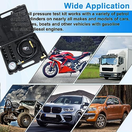 JoyFans Oil Pressure Tester Tool, 0-140PSI Oil Pressure Gauge Kit for Fuel System Mechanical Sensor Engine Cylinder Compression Test with Hose Adapters for Cars ATVs Trucks Use Black Case - color: Black Suitcase