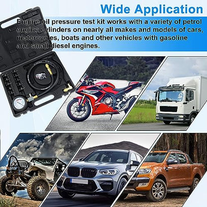 JoyFans Oil Pressure Tester Tool, 0-140PSI Oil Pressure Gauge Kit for Fuel System Mechanical Sensor Engine Cylinder Compression Test with Hose Adapters for Cars ATVs Trucks Use Black Case - color: Black Suitcase