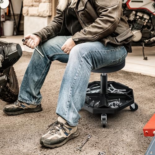 Goplus Mechanic Stool with Wheels, Magnetic Tool Tray, 330LBS Capacity - color: Black, size: Tool Tray