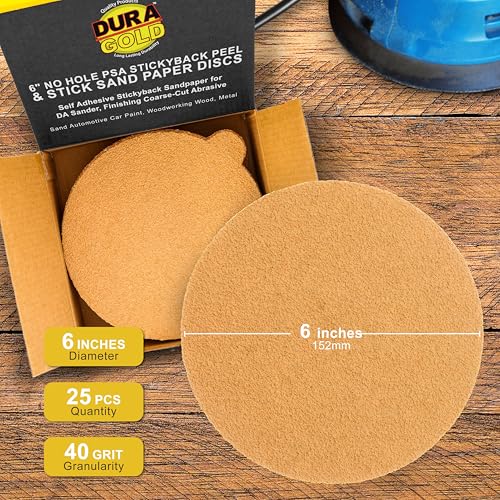 Dura-Gold Premium 6" Gold PSA Sanding Discs - 40 Grit, Box of 25 - Self - size: 40-Grit