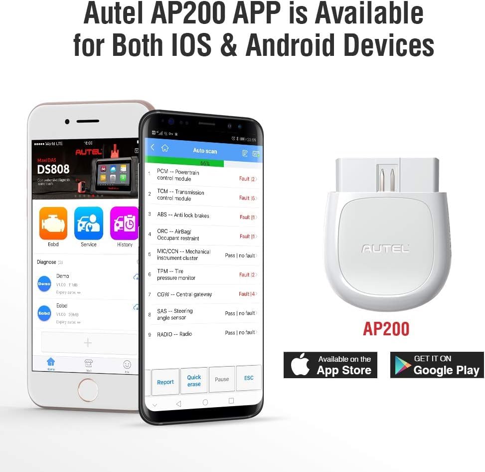 Autel AP200 Bluetooth OBD2 Scanner, Full Systems Diagnoses and 19 Services