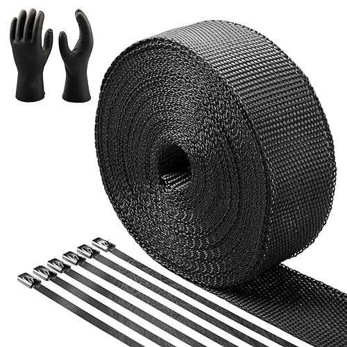 CARDI 2" x 16' Black Exhaust Heat Wrap for Motorcycle Fiberglass Heat Shield Tape with 8 Black Stainless Ties and Gloves - color: Black, size: 2" x 16'