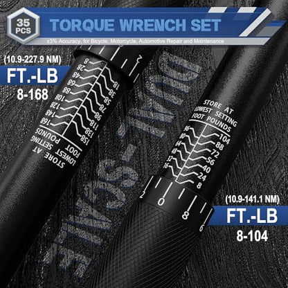 Torque Wrench Set 35PCS, 1/4" 3/8" 1/2" Drive Click Torque Wrench, 72 Tooth Dual-Direction Adjustable, Dual Scale, ±3% Accuracy, for Bicycle, Motorcycle, Automotive Repair and Maintenance - size: 35pcs