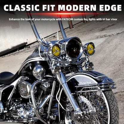 FATECIM 4.5” Motorcycle H3 LED Fog Lights Passing Lamps Driving Auxiliary Lights Spotlights + Housing Bucket with Tri Bar Visor for Harley Honda Kawasaki Suzuki Yamaha Cruiser Chopper Bobber Chrome - color: Chrome / Amber Lens