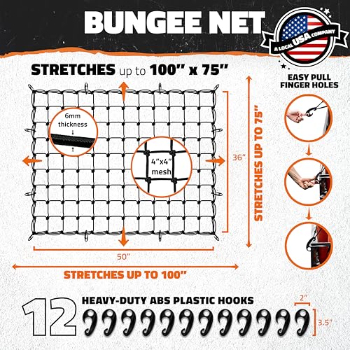 Mockins 50"x36" Large Cargo Net for Pickup Truck Bed, Roof Rack or Trailer - size: 50" x 36"