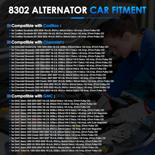 8302N6G1 Car Alternators Fit for Chevy Silverado 1500 HD, 500 Classic, Avalanche 1500, for GMC Sierra 1500, for Cadillac Escalade Automotive Replacement Alternator 10392759 15200268 400-12247 - size: #8302N-6G1 Alternator