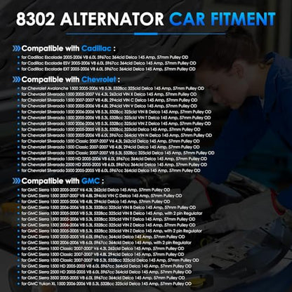 8302N6G1 Car Alternators Fit for Chevy Silverado 1500 HD, 500 Classic, Avalanche 1500, for GMC Sierra 1500, for Cadillac Escalade Automotive Replacement Alternator 10392759 15200268 400-12247 - size: #8302N-6G1 Alternator