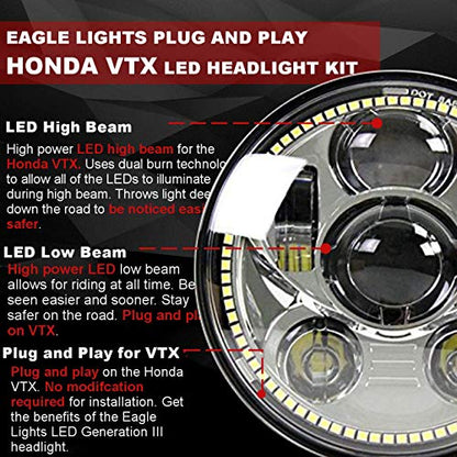 Eagle Lights 5.75 inch LED Motorcycle Headlight Kit for Honda with Bracket and Hardware - Plug and Play (Chrome Generation III with Halo Ring) fits 2002-2008 VTX 1800, VTX 1300 - color: Chrome Generation III w/ Halo Ring
