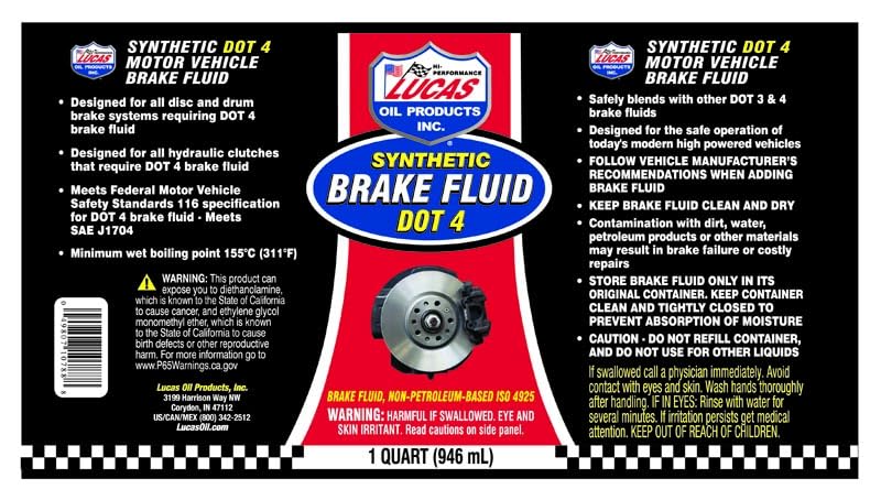 Lucas Oil 10788 Synthetic Brake Fluid DOT 4 - 1 Quart (Pack of 1) - size: Quart, style: DOT 4