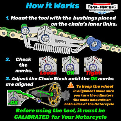 BPA-RACING Motorcycle Chain Slack Adjuster Tool - Innovative Chain Tensioner Tool for Easy, Quick & Precise Chain Slack Adjustment- Chain Alignment Tool (Red) - color: Red