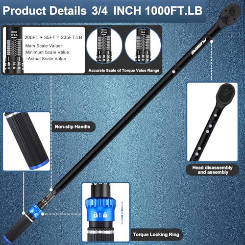 High Torque Wrench 3/4'' 200-1000 ft, 3/4 Inch Torque Wrenches for Car, Truck, Tractor, Accuracy ± 3% Two Directions Adjustable 24 Teeth Precision Instruments - size: 1" 200-1000 FT.LB
