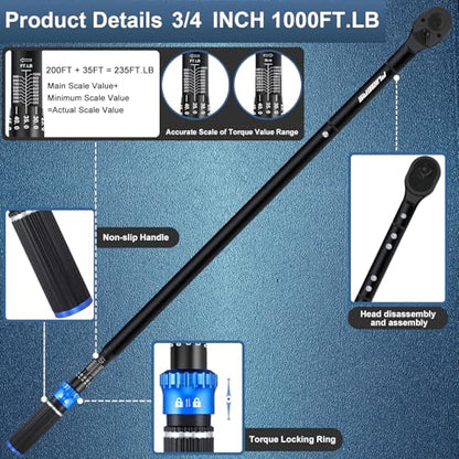 High Torque Wrench 3/4'' 200-1000 ft, 3/4 Inch Torque Wrenches for Car, Truck, Tractor, Accuracy ± 3% Two Directions Adjustable 24 Teeth Precision Instruments - size: 1" 200-1000 FT.LB