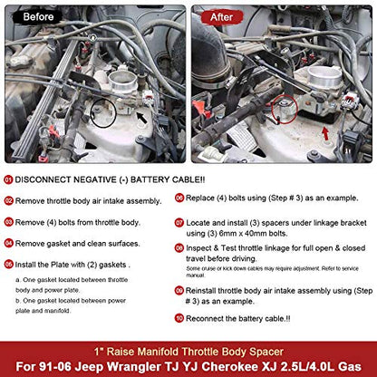 Throttle Body Spacer Compatible with 91-06 Jeep Wrangler TJ YJ LJ Cherokee XJ 2.5L/4.0L Engine Gas MJ w/Gasket 1" Raise Manifold Carb Red - color: red