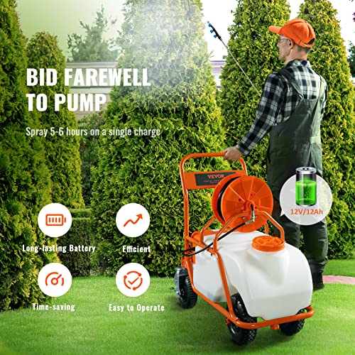 VEVOR Battery Powered 15 Gallon Garden Weed Sprayer with Wheeled Cart, 126FT Hose with Reel, 8 Nozzles, 2 Wands with Lock Trigger, 0-90PSI, 5-6h Spray Time, Wide Mouth Lid, Rotating Wheels with Brake - size: 15 Gal-Custom Bulit Cart