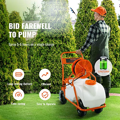VEVOR Battery Powered 15 Gallon Garden Weed Sprayer with Wheeled Cart, 126FT Hose with Reel, 8 Nozzles, 2 Wands with Lock Trigger, 0-90PSI, 5-6h Spray Time, Wide Mouth Lid, Rotating Wheels with Brake - size: 15 Gal-Custom Bulit Cart