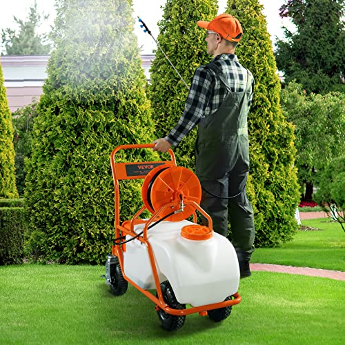 VEVOR Battery Powered 15 Gallon Garden Weed Sprayer with Wheeled Cart, 126FT Hose with Reel, 8 Nozzles, 2 Wands with Lock Trigger, 0-90PSI, 5-6h Spray Time, Wide Mouth Lid, Rotating Wheels with Brake - size: 15 Gal-Custom Bulit Cart