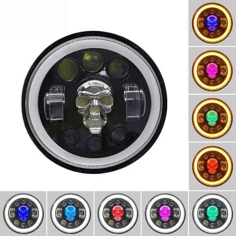5.75 Inch Motorcycle LED Headlight, Skull Pattern Colorful Angel Eye Round Headlamp with High/Low Beam Turn Signal DRL and Light LED Headlig - size: 5.75'' skull headlight-1PCS