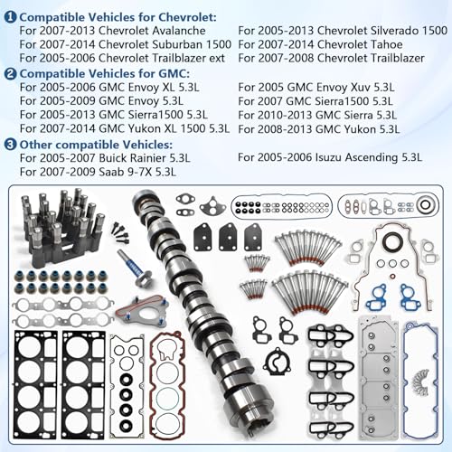 NON-AFM 5.3 Camshaft Kit Fit for 2007-2013 Chevrolet Avalanche Silverado 1500 Tahoe Trailblazer, GMC Sierra Yukon Envoy, Buick SAAB Isuzu, w/Head Gasket Valley Cover Gasket # ES72220