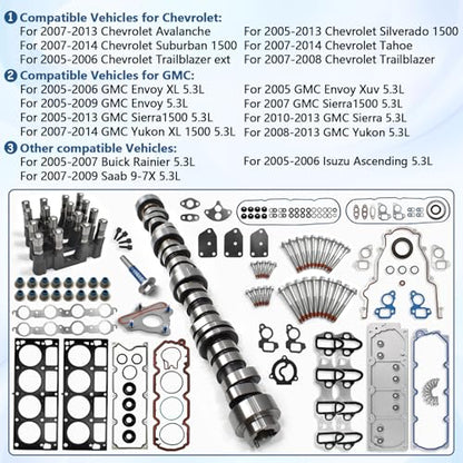 NON-AFM 5.3 Camshaft Kit Fit for 2007-2013 Chevrolet Avalanche Silverado 1500 Tahoe Trailblazer, GMC Sierra Yukon Envoy, Buick SAAB Isuzu, w/Head Gasket Valley Cover Gasket # ES72220