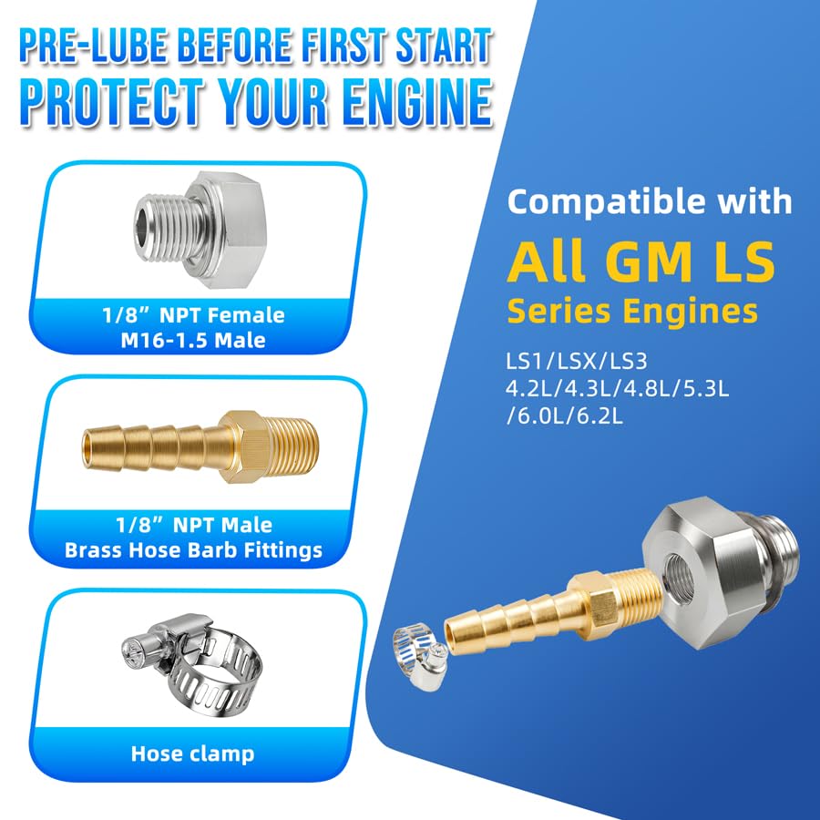 LS Oil Priming Tool Kit, Oil Pump Primer Tool with M16x1.5 LS Oil Pressure Adapter and 1/8 NPT Hose Barb Brass Fitting, Pre Oiler Tool for GM LS Engine LS1 LS3 LSX 4.8 5.3 6.0 6.2