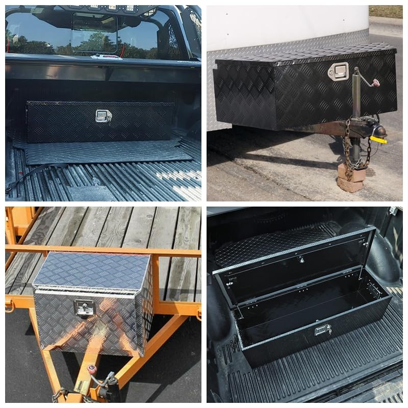20 X 12 X 9.45 Inch Black Aluminum 5 Bar Tread Tool Box Truck Car Outdoor Trailer Pickup Underbody Toolbox, RV Storage Organizer, Underbed Tools Organizer With Lock & Keys