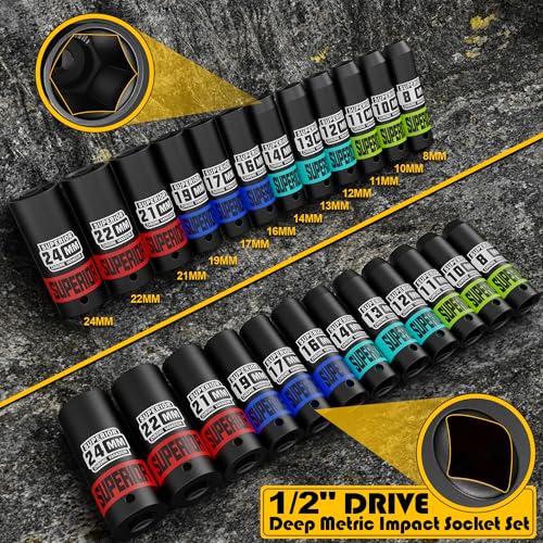 14 Piece 1/2" Drive Impact Socket Set, 8 mm - 24 mm Deep Socket, Metric Socket Set With Adapter & Quick-Release Holder, 6 Point, CR-V, Automotive Maintenance, Machinery Manufacturing - size: 1/2" Deep Metric