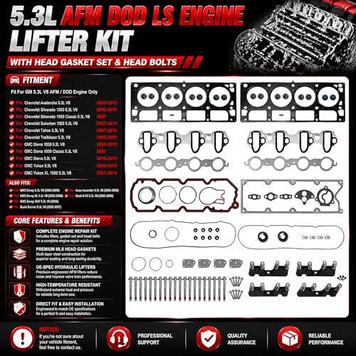 5.3L AFM DOD LS Engine Lifter Kit With Head Gasket Set & Head Bolts 2005-2014 - color: QH-DTB-GM5300-AFM-002