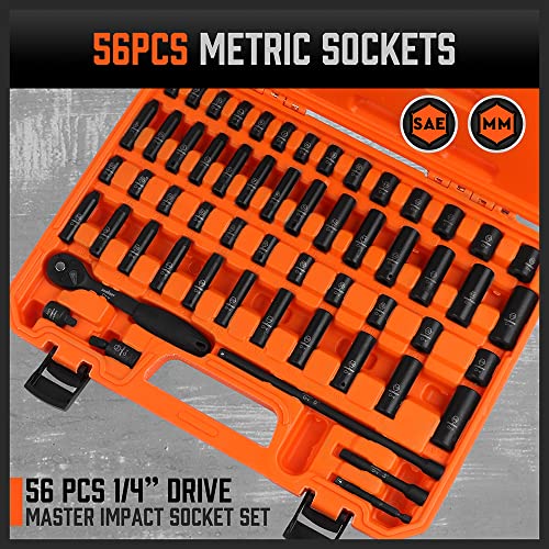 HORUSDY 56-Piece 1/4" Drive Impact Socket Set, Standard SAE (5/32 to 9/16 inch) and Metric (4-15mm) Size, 6 Point, Cr-V, 1/4-Inch Drive Ratchet Wrench, Drive Extension Bar, Impact Universal Joint - color: 56 Pcs Orange
