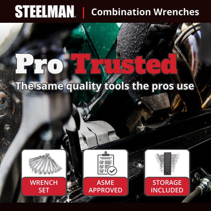 Steelman Pro 16-Piece Metric 6-Point Combination Wrench Tool Set, Durable Steel with Full Polish Chrome, Stamped Size Callouts - size: 16-Piece Metric Wrench Set