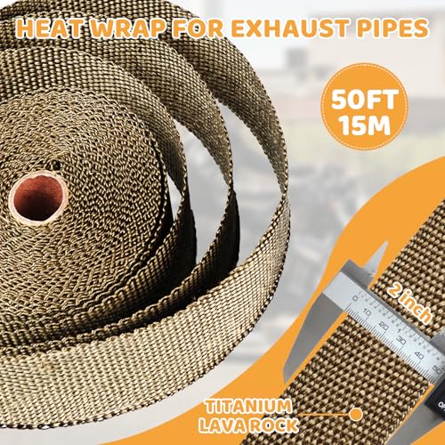 Exhaust Heat Wrap, Tooomplus 2'' x 50' Fiberglass Heat Shield Tape, Heat Wrap for Exhaust Pipes with 15pcs Stainless Steel Ties for Motorcycle Car Truck - size: 50 ft