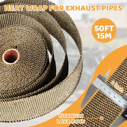Exhaust Heat Wrap, Tooomplus 2'' x 50' Fiberglass Heat Shield Tape, Heat Wrap for Exhaust Pipes with 15pcs Stainless Steel Ties for Motorcycle Car Truck - size: 50 ft