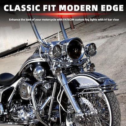 FATECIM 4.5” Motorcycle H3 LED Fog Lights Passing Lamps Driving Auxiliary Lights Spotlights + Housing Bucket with Tri Bar Visor for Harley Honda Kawasaki Suzuki Yamaha Cruiser Chopper Bobber Chrome - color: Chrome / Clear Lens 2