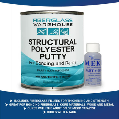 Structural Polyester Putty for Bonding and Repair - Filled with Fiberglass Fibers for Extra Strength. Patching, Filling or Bonding for Automotive and Marine Appliciations. (Quart) - size: Quart
