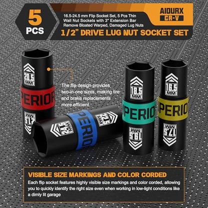 1/2" Drive Lug Nut Socket Set, 16.5-24.5 mm Flip Socket Set, 5 Pcs Thin Wall Nut Sockets with 3" Extension Bar, Remove Bloated Warped, Damaged Lug Nuts - size: 5PCS：16.5MM-24.5MM